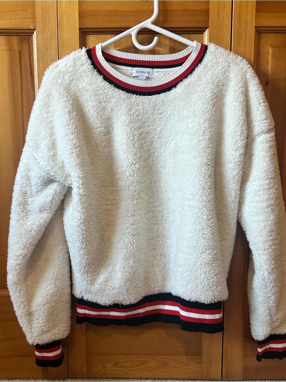 Evereve Cream Sherpa Crewneck Sweater with Red and Black Trim